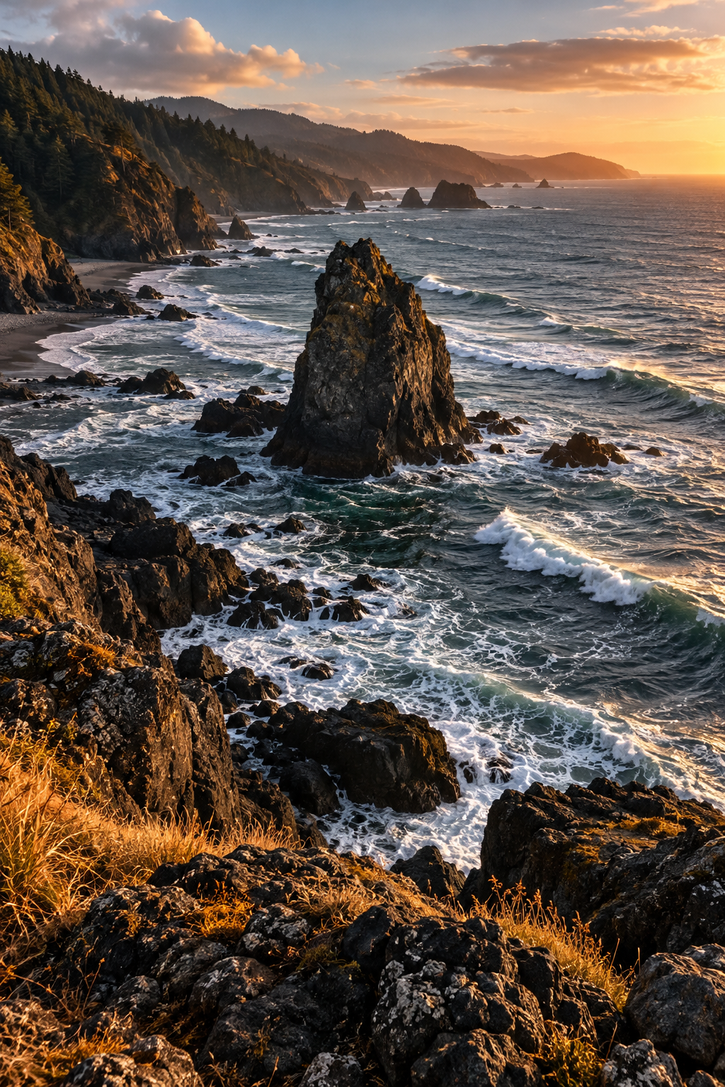 Sunset on a rugged coast