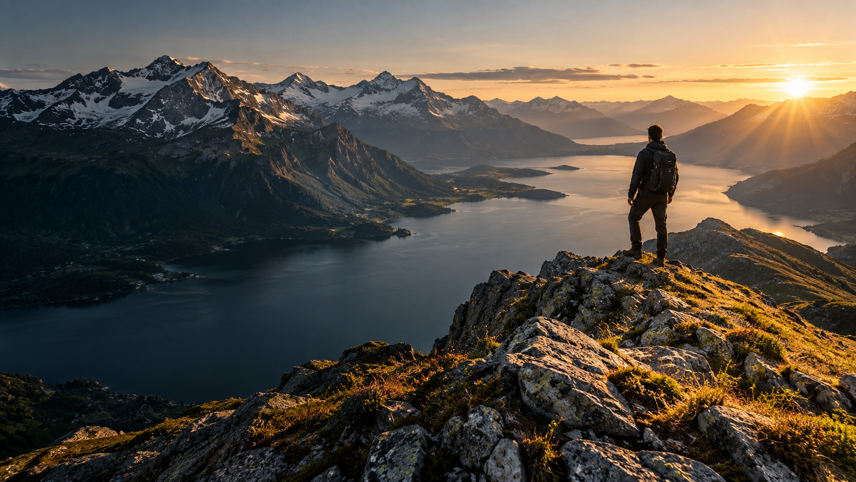 A traveler overlooking a mountain lake at sunrise